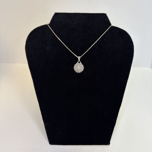 Sterling Silver Circle Marcasite Flower Pendant Necklace 925 Vintage 20" - Picture 5 of 8